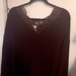 dark red lace detail oversized sweater